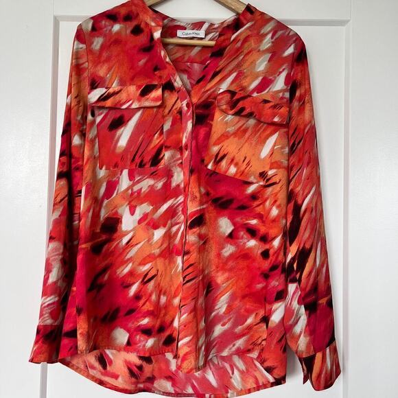 Calvin Klein Abstract Print Long Sleeve High Low Button Up Shirt Womens Medium - Picture 2 of 5